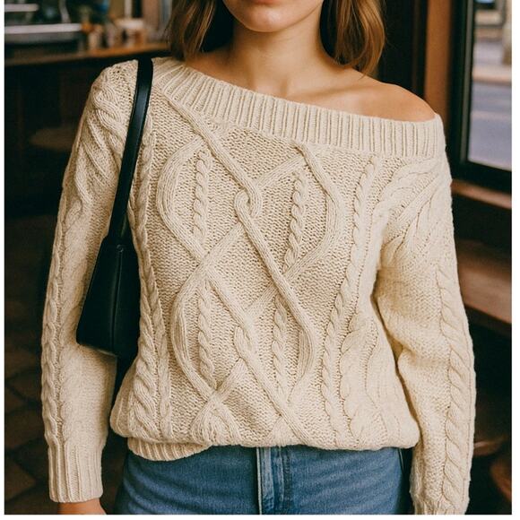 Vintage Wet Seal Cable Knit Sweater Off shoulder Cotton Medium Ivory Y2K 90s - Picture 1 of 7
